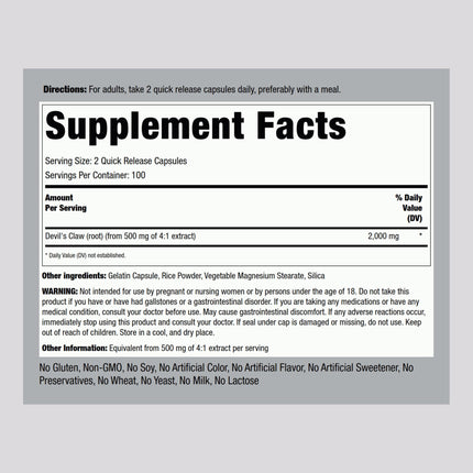 Piping Rock Devils Claw 2000mg | 200 Capsules | Herbal Supplement | Concentrated Extract | Non-GMO, Gluten Free