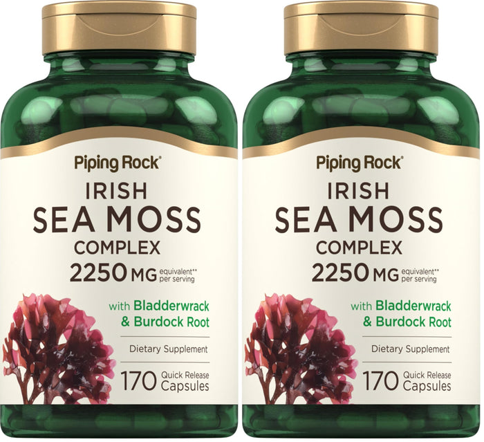 Piping Rock Irish Sea Moss Capsules 2250mg | Bladderwrack & Burdock | Non-GMO & Gluten Free | Pack of 2