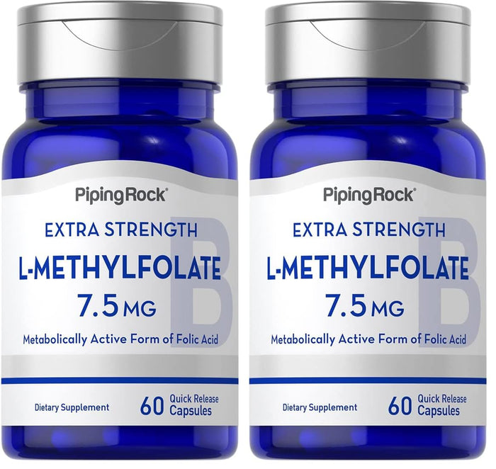 Piping Rock L-Methylfolate 7.5 mg | 60 Capsules | Extra Strength | Active Folic Acid | Non-GMO Gluten Free (Pack of 2)