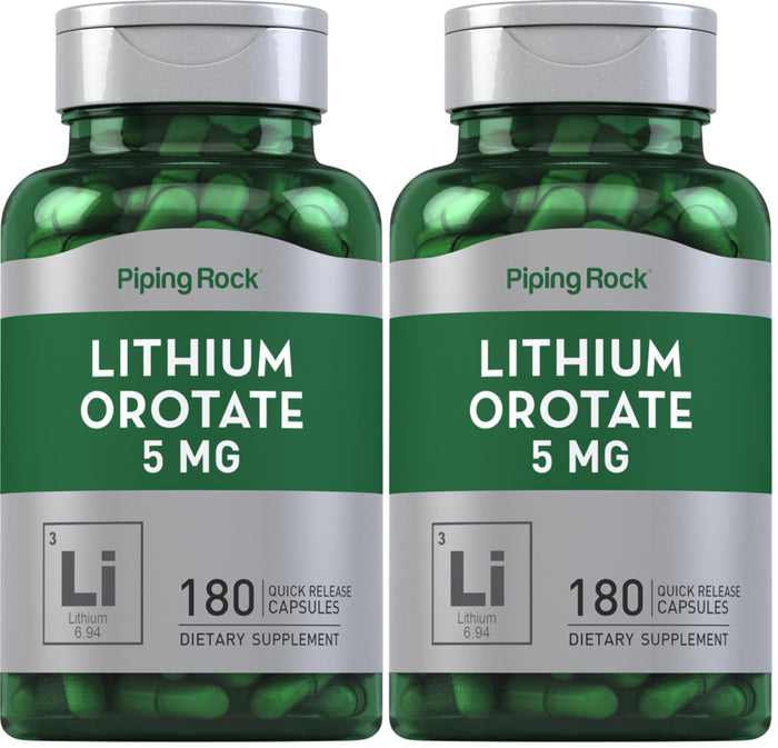 Piping Rock Lithium Orotate 5 mg – 180 Capsules, Non-GMO, Gluten Free (Pack of 2)