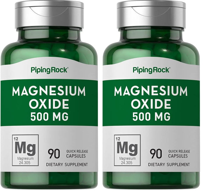Piping Rock Magnesium Oxide 500mg Capsules – 180 Count (Pack of 2) | Non-GMO, Gluten Free