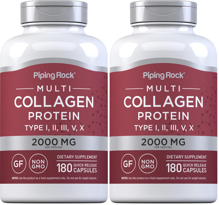 Piping Rock Multi Collagen Protein Capsules | 180 Count | 2000mg | Types I, II, III, V, X | Pack of 2