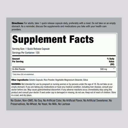 Piping Rock Ox Bile Supplement 500mg | 120 Capsules | Digestive Enzyme | Non-GMO, Gluten Free | Pack of 2