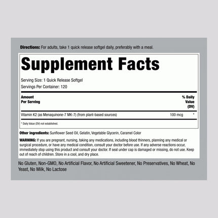 Piping Rock Vitamin K2 MK7 100 mcg - 120 Softgels (Pack of 2) | Non-GMO Gluten Free