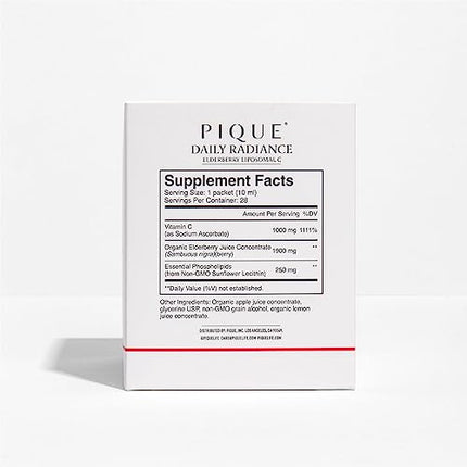 PIQUE Daily Radiance Liposomal Vitamin C — 1,000 mg Vitamin C & 1,900 mg Elderberry per Packet (28 Packets, 10 mL Each)