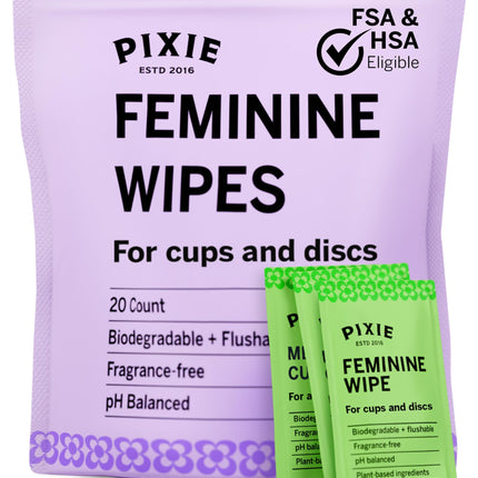 Pixie Cup Feminine Wipes – Flushable, Biodegradable, pH-Balanced, Unscented