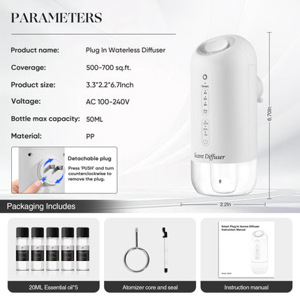 Plug-in Waterless Diffuser Starter Kit – 5 Oils, 700 sq ft Coverage, White