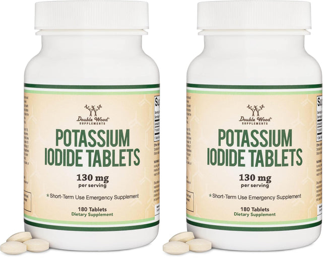 Potassium Iodide 130mg Tablets | 180 Count, 3-Month Emergency Supply | Double Wood (Pack of 2)