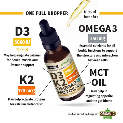 (2 Pack) Organic Vitamin D3 K2 Drops with MCT Oil | 5000 IU, Non-GMO, Vanilla