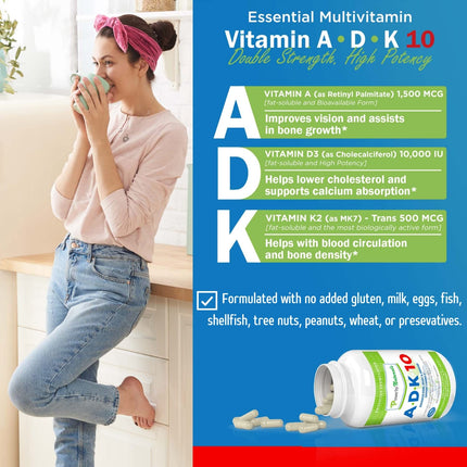 Power By Naturals ADK 10 – High Potency Vitamin A D3 K2 (90 Caps, 2-Pack)