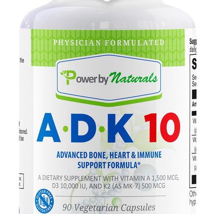 Power By Naturals ADK 10 Vitamin Supplement – A, D3 10,000 IU & K2 MK-7, 90 Capsules (3-Month Supply)