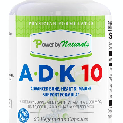 Power By Naturals ADK 10 Vitamin Supplement – A, D3 10,000 IU & K2 MK-7, 90 Capsules (3-Month Supply)