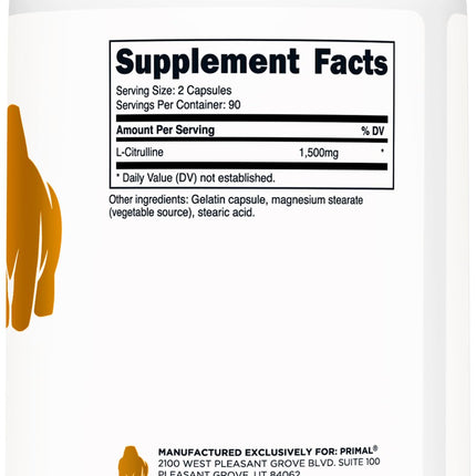Primal L-Citrulline Capsules (180 Capsules, 1,500 mg Per Serving) | Premium L-Citrulline Supplement