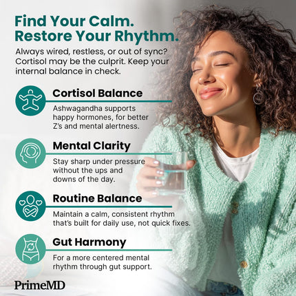 PrimeMD 5-in-1 Cortisol Supplement – Calm, Focus & Adrenal Support (120 ct, Pack of 4)