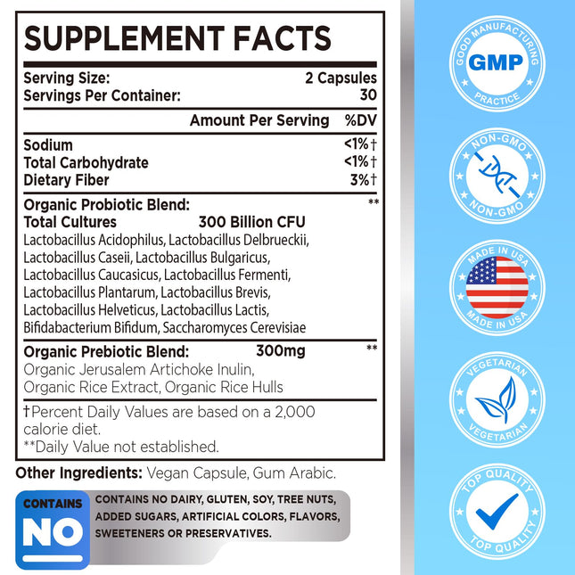 300 Billion CFU Probiotic with 12 Strains & 3 Organic Prebiotics – Daily Digestive & Immune Support, Vegan, Shelf-Stable, 120 Count