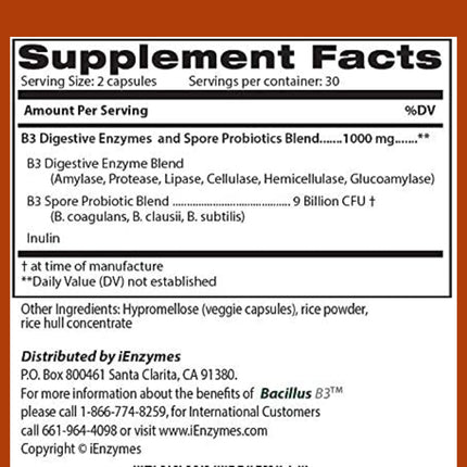 New Bacillus B3 Probiotic Complex & Enzymes – 60 Capsules (100% Spore-Based SBO)