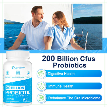 200 Billion CFU Probiotic – 12 Strains + 3 Organic Prebiotics, 240 Caps (240-Day), Non-GMO