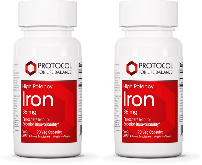 Protocol For Life Balance Iron 36mg - Ferrochel Bioavailable Iron for Energy & Immunity - 90 Veg Capsules (Pack of 2)