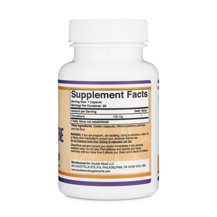 Double Wood Pterostilbene 100mg Capsules – 60 Count Pack of 2 | Third-Party Tested, Non-GMO, Gluten Free