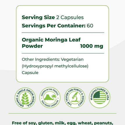 PURA VIDA MORINGA Capsules — Single Origin Organic Moringa Powder, 120 Count (500 mg) — Pack of 2