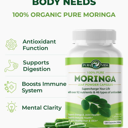 PURA VIDA MORINGA Capsules — Single Origin Organic Moringa Powder, 120 Count (500 mg) — Pack of 2