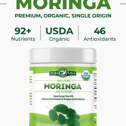 PURA VIDA Moringa Powder Organic – Single Origin Moringa Leaf Powder (USDA Organic) 8 oz