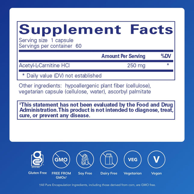 Pure Encapsulations Acetyl-L-Carnitine 250 mg — Memory & Brain Support, Gluten Free & Non-GMO, 60 Capsules