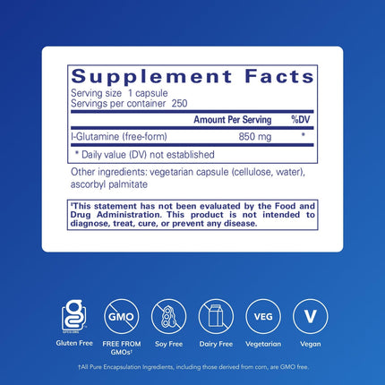 Pure Encapsulations L-Glutamine 850 mg | Gut Health, Immune & Muscle Support | 250 Capsules