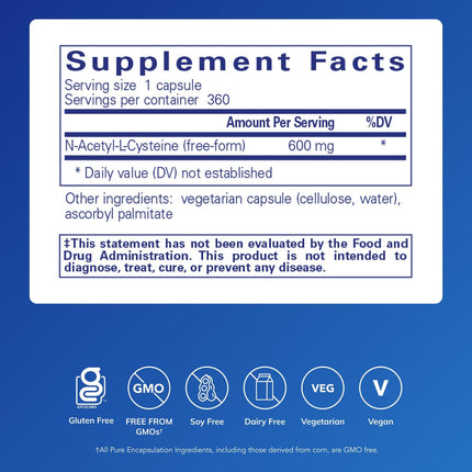 Pure Encapsulations NAC 600 mg – N-Acetyl Cysteine Supplement for Lung Health, Immune Support, Liver Health & Antioxidants* (Freeform N-Acetyl-L-Cysteine) - 360 Capsules