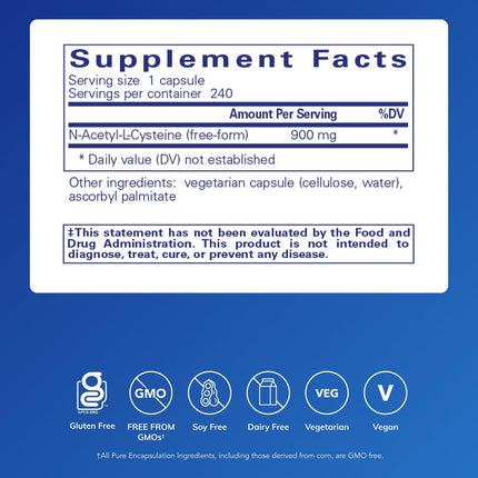 Pure Encapsulations NAC 900 mg – N-Acetyl Cysteine for Lung & Immune Support | 240 Capsules