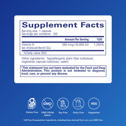 Pure Encapsulations Vitamin D3 250 mcg (10,000 IU) | Bone, Immune & Heart Support – 120 Capsules