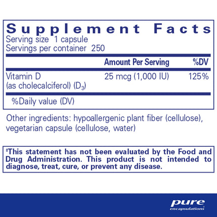 Pure Encapsulations Vitamin D3 25 mcg (1,000 IU) – Supports Bone, Immune, Heart & Colon Health | 250 Capsules