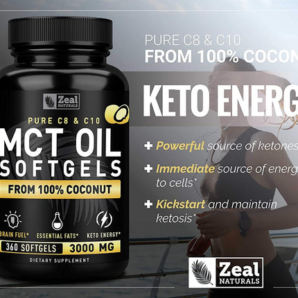 Zeal Naturals Pure MCT Oil Capsules - 3000mg, 360 Softgels | C8/C10 MCT from Coconut | Energy Support & Focus | Gluten-Free
