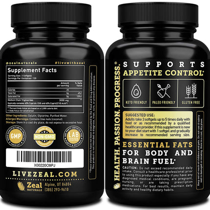 Zeal Naturals Pure MCT Oil Capsules - 3000mg, 360 Softgels | C8/C10 MCT from Coconut | Energy Support & Focus | Gluten-Free