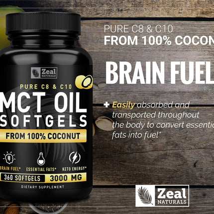 Zeal Naturals Pure MCT Oil Capsules - 3000mg, 360 Softgels | C8/C10 MCT from Coconut | Energy Support & Focus | Gluten-Free
