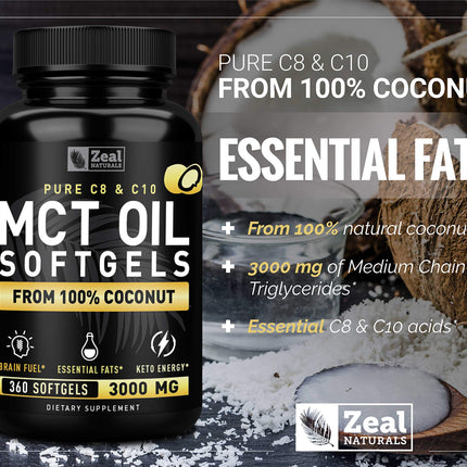 Zeal Naturals Pure MCT Oil Capsules - 3000mg, 360 Softgels | C8/C10 MCT from Coconut | Energy Support & Focus | Gluten-Free
