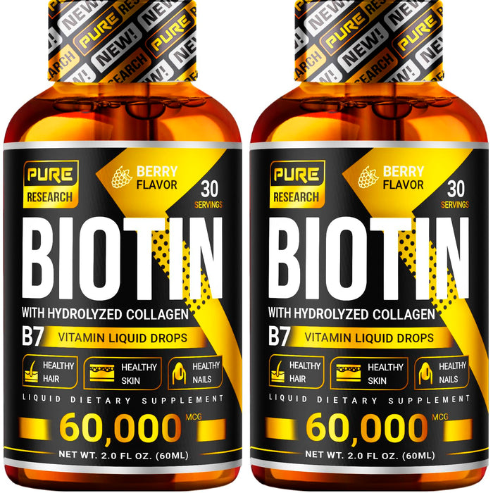 PURE RESEARCH Biotin & Collagen 60,000mcg Hair Growth Liquid Drops – Strong Nails, Healthy Hair & Glowing Skin (4 Fl Oz)