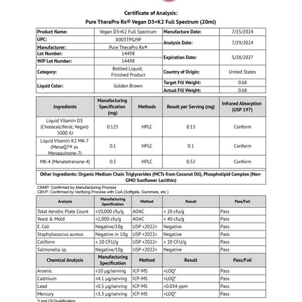Pure Therapro Rx Vegan D3 + K2 Liposomal 20ml – 5000 IU D3, 600 mcg K2 (MK4/MK7) – 6 Month Supply, USA Made