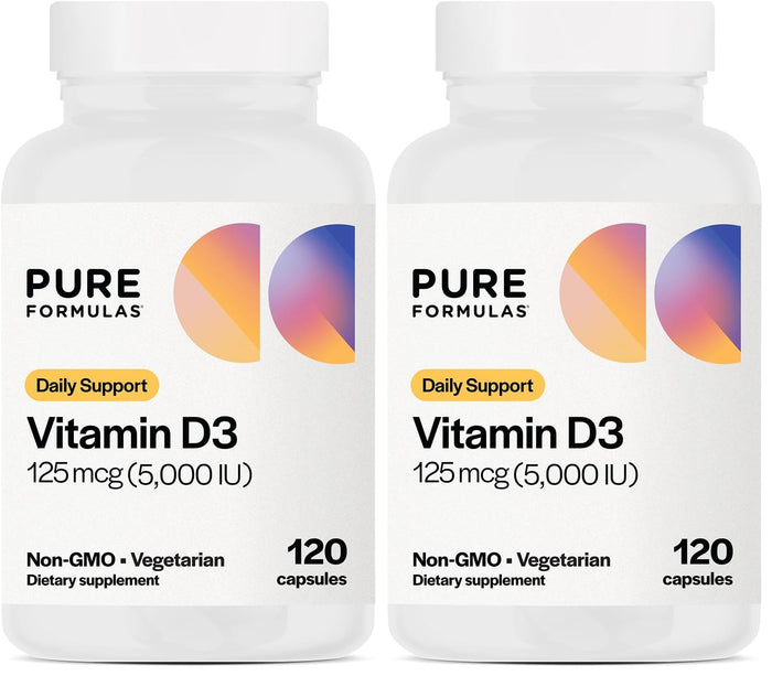 PureFormulas Vitamin D3 5000 IU (125 mcg) – 120-Count Vegetarian Capsules Pack of 2 | Non-GMO Vitamin D Supplement for Bones, Teeth & Immune Support