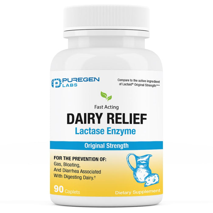 Puregen Labs Dairy Relief – Natural Fast Acting Lactase Enzyme 3000 FCC, 90 Caplets