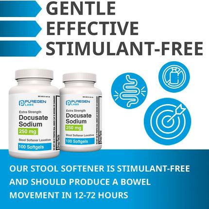 Puregen Labs Docusate Sodium 250mg Stool Softener Laxative | 100 Softgels | Gentle Constipation Relief | Extra Strength | Stimulant Free