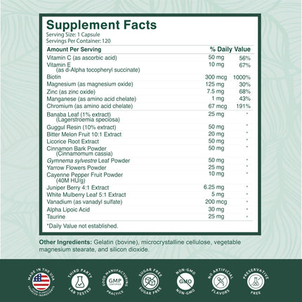 PurePremium Normal Blood Sugar Support Supplement - 120ct with 20 Active Ingredients including Cinnamon, Bitter Melon, Chromium & Mulberry