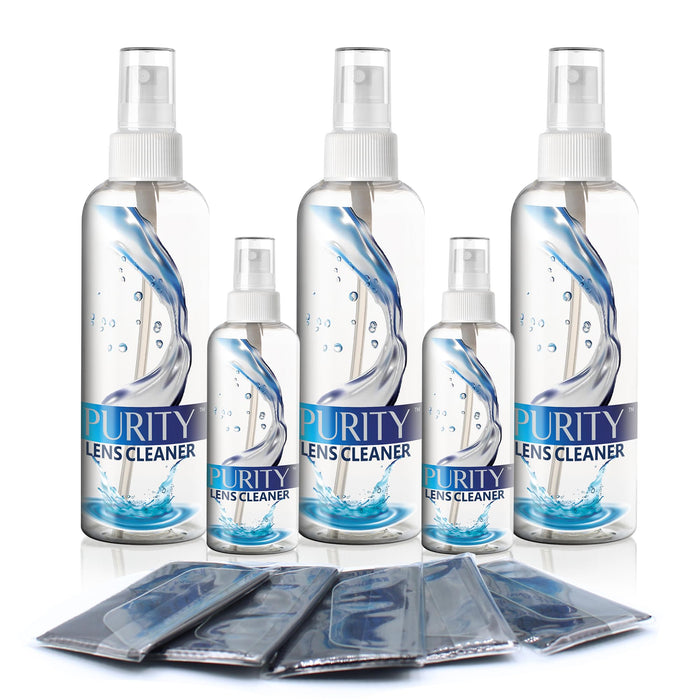 Purity Eyeglass Cleaner Mega Pack - Multi-Size Kit (2x2oz + 3x8oz) + 5 Cloths