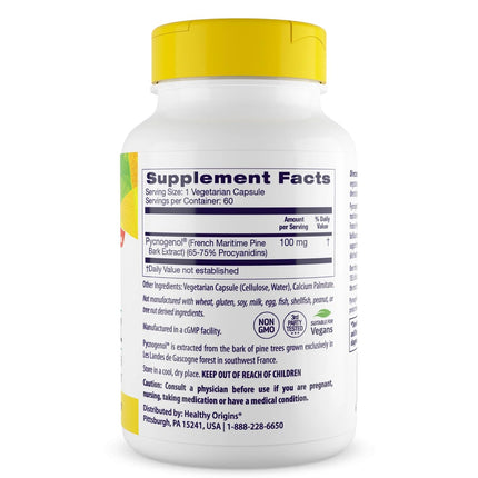 Healthy Origins Pycnogenol 100 mg – Pine Bark Extract, Non-GMO, 60 Veggie Caps
