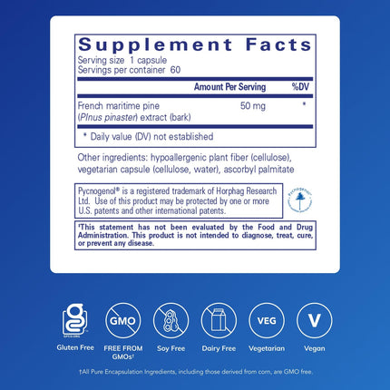 Pure Encapsulations Pycnogenol (Pine Bark Extract) 50 mg | Hypoallergenic Supplement for Cognitive Function & Cardiovascular Health | 60 Capsules
