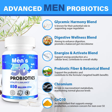 QIVERNAMY Probiotics for Men 50+ — 850B CFU, CoQ10, 360 Caps, 1800mg Prebiotic Fiber