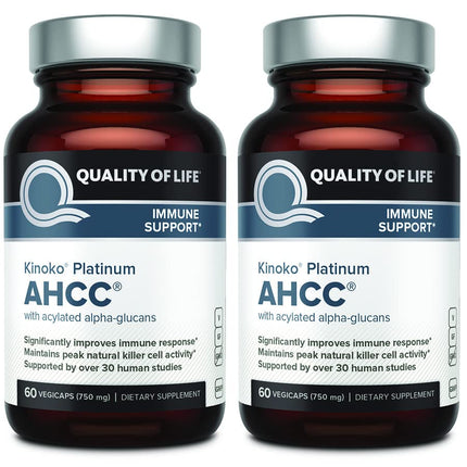 Quality of Life AHCC Kinoko Platinum 750 mg – Premium Immune Support (Pack of 2, 60 Count Bottles)