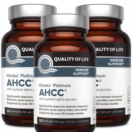 Quality of Life AHCC Kinoko Platinum 750 mg – Immune Support Pack of 3 (60 Count Bottles)