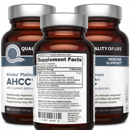 Quality of Life AHCC Kinoko Platinum 750 mg – Immune Support Pack of 3 (60 Count Bottles)