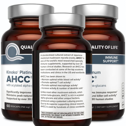 Quality of Life AHCC Kinoko Platinum 750 mg – Immune Support Pack of 3 (60 Count Bottles)